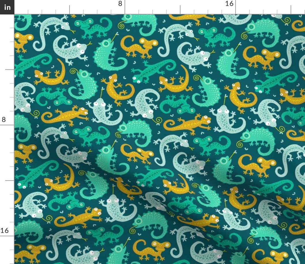 Lizards ditsy on dark teal