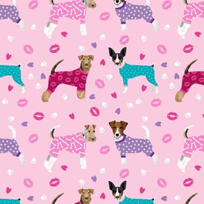 terriers in pyjamas fabric dogs in clothes cute rat terrier, jack russell terrier, welsh terrier, wire fox terrier - pink