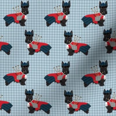 scottie dog with bagpipes fabric - cute scottish terrier design tartan - blue