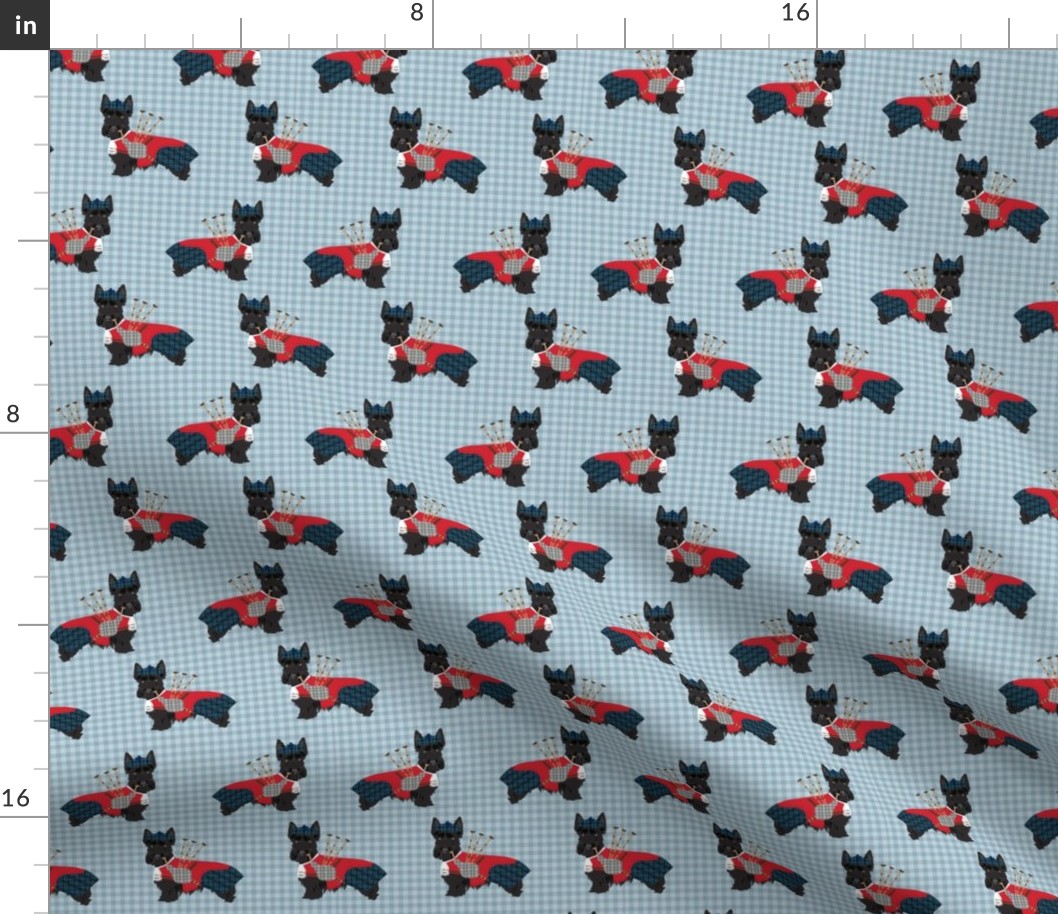 scottie dog with bagpipes fabric - cute scottish terrier design tartan - blue