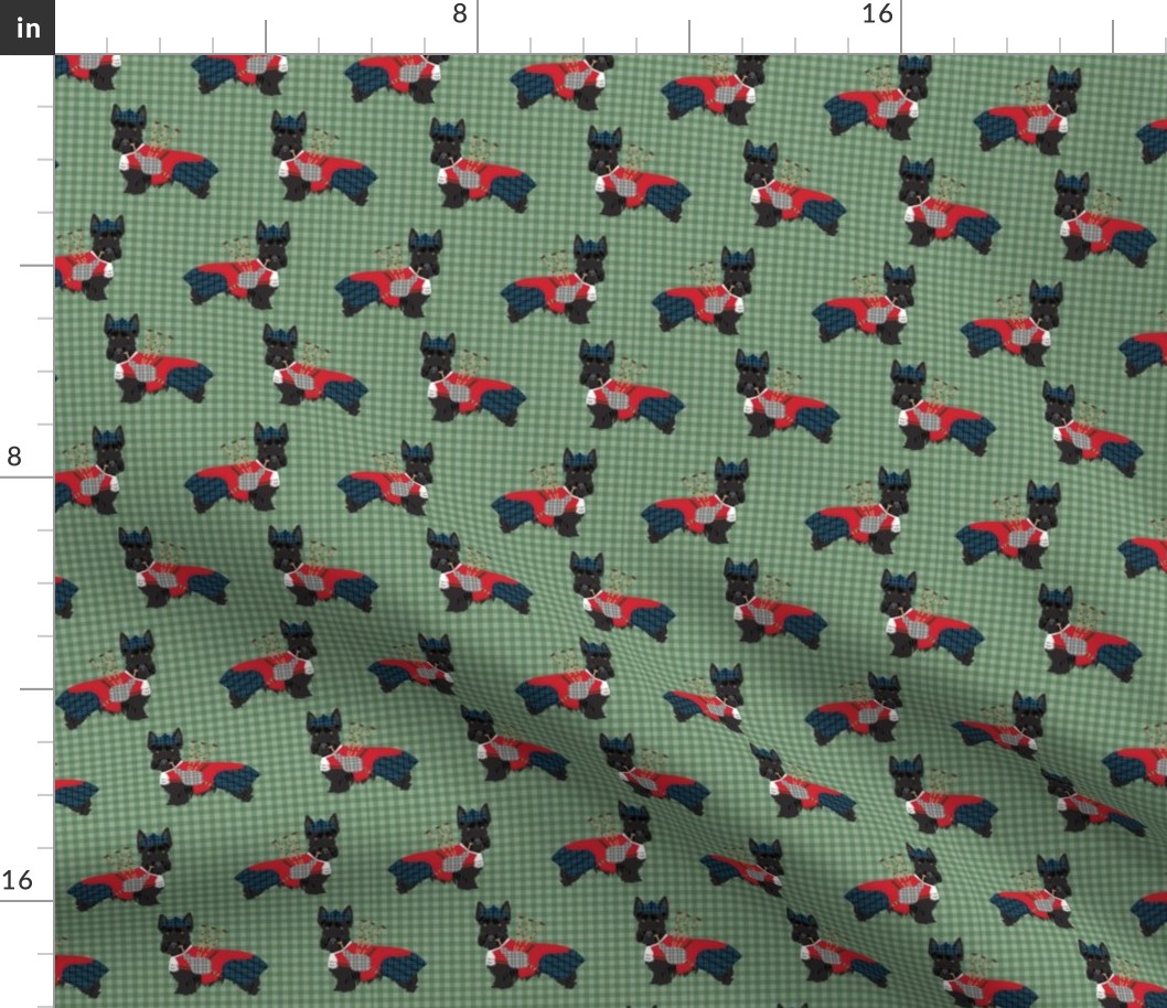 scottie dog with bagpipes fabric - cute scottish terrier design tartan - green