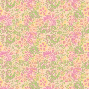 butterfly floral pink, green and orange