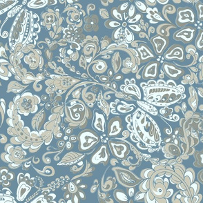 butterfly floral blue and grays