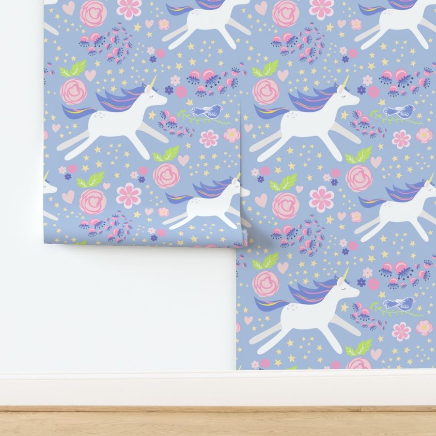 Unicorn Floral blue violet and pink bright pastel