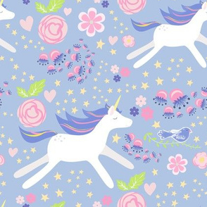 Unicorn Floral blue violet and pink bright pastel