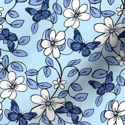 Flowers & Flutters / Vines & Butterflies  2 Classic Blue Chintz  