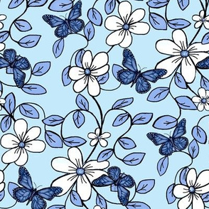 Flowers & Flutters / Vines & Butterflies  2 Classic Blue Chintz  