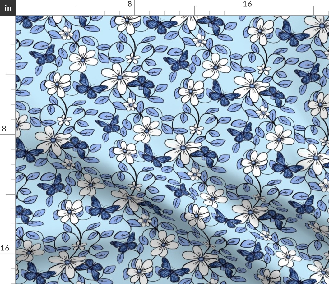 Flowers & Flutters / Vines & Butterflies  2 Classic Blue Chintz  