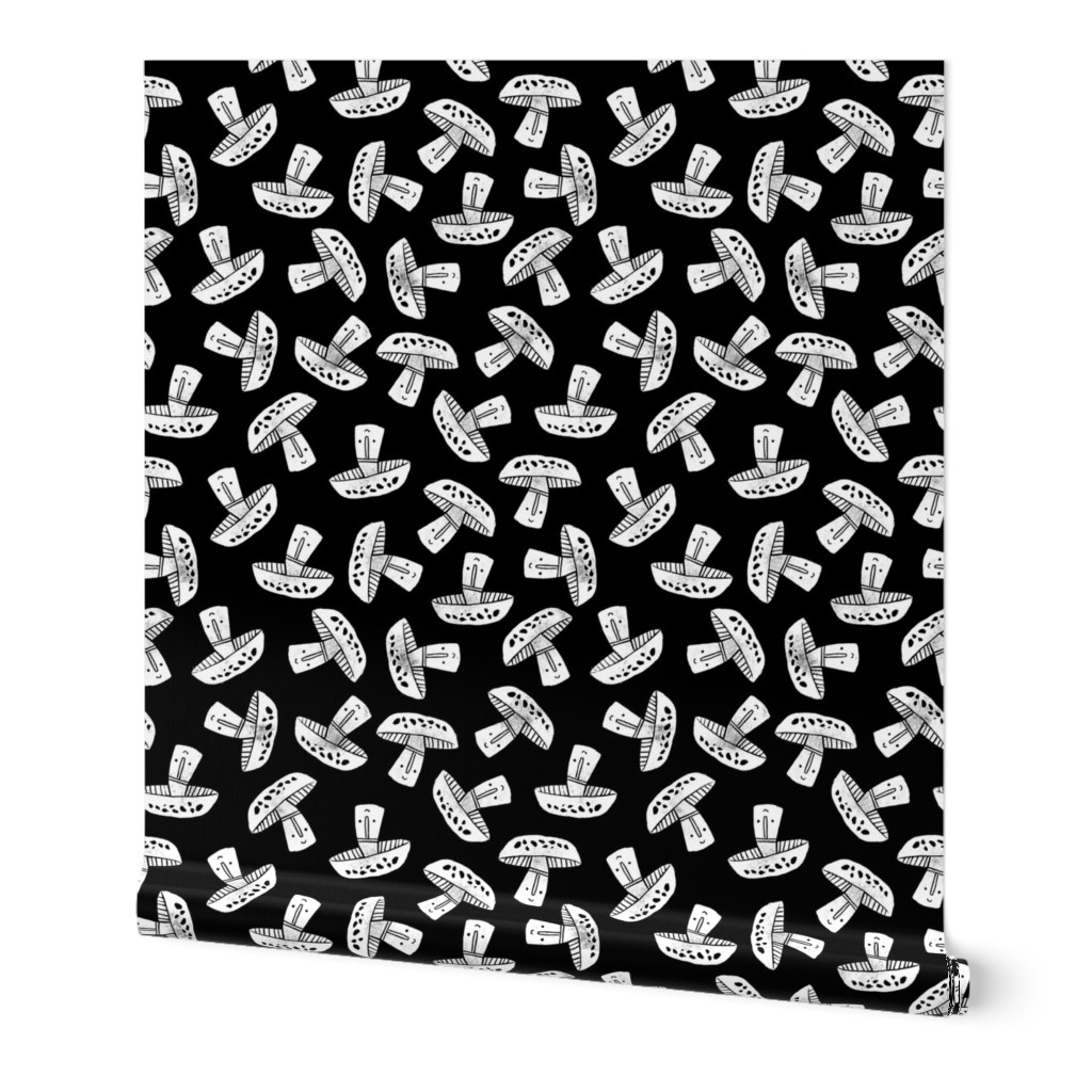 Block Print Monochrome Scattered Mushrooms - white on black