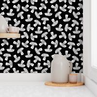 Block Print Monochrome Scattered Mushrooms - white on black