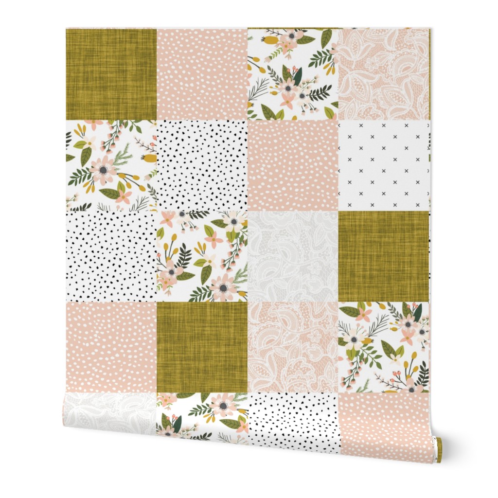 blush sprigs and mustard patchwork wholecloth