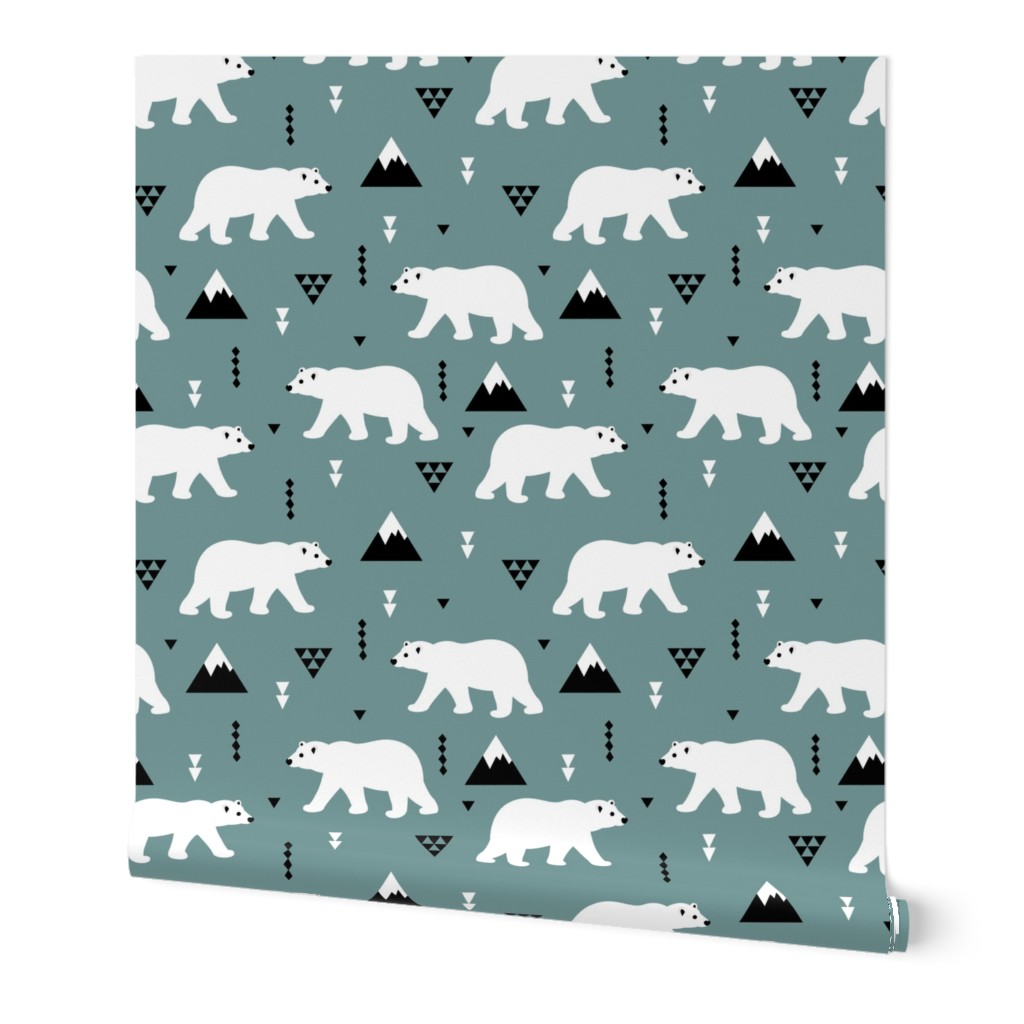 Cute polar bear blue gray winter mountain geometric triangle print