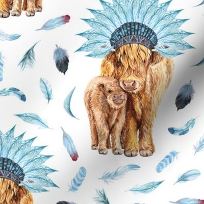 highland cattle with blue feather crown and feathers background