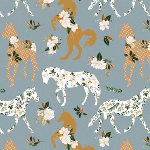 magnolia floral horses on blue linen