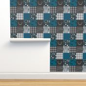 3" squares Fox and Deer Wholecloth Patchwork Quilt - blue, teal, black, grey, Buffalo Plaid, antlers, tribal arrows