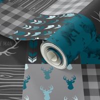 3" squares Fox and Deer Wholecloth Patchwork Quilt - blue, teal, black, grey, Buffalo Plaid, antlers, tribal arrows