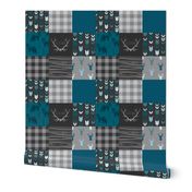 3" squares Fox and Deer Wholecloth Patchwork Quilt - blue, teal, black, grey, Buffalo Plaid, antlers, tribal arrows