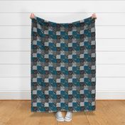 3" squares Fox and Deer Wholecloth Patchwork Quilt - blue, teal, black, grey, Buffalo Plaid, antlers, tribal arrows