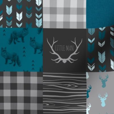 3" squares Fox and Deer Wholecloth Patchwork Quilt - blue, teal, black, grey, Buffalo Plaid, antlers, tribal arrows