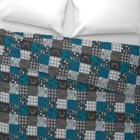 3" squares Fox and Deer Wholecloth Patchwork Quilt - blue, teal, black, grey, Buffalo Plaid, antlers, tribal arrows