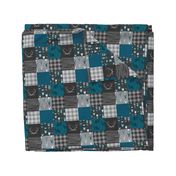 3" squares Fox and Deer Wholecloth Patchwork Quilt - blue, teal, black, grey, Buffalo Plaid, antlers, tribal arrows