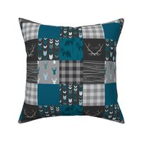 3" squares Fox and Deer Wholecloth Patchwork Quilt - blue, teal, black, grey, Buffalo Plaid, antlers, tribal arrows