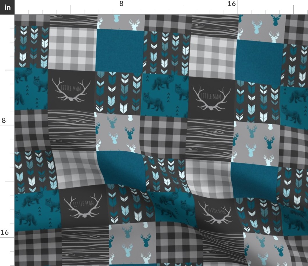 3" squares Fox and Deer Wholecloth Patchwork Quilt - blue, teal, black, grey, Buffalo Plaid, antlers, tribal arrows