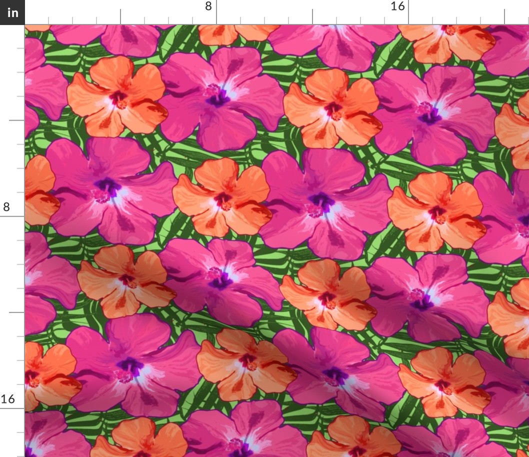 Hibiscus Pink Orange Green Palm Leaves