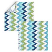 Watercolor Ikat Chevron in Green and Blue Fusion / railroaded