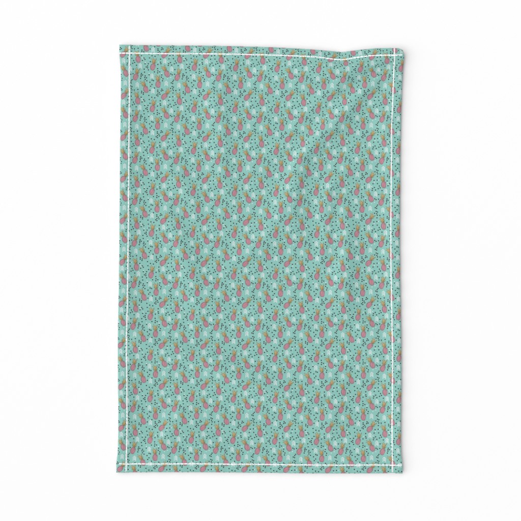 Tropical aqua blue and pink pineapple summer fruit geometric arrow pattern print XS