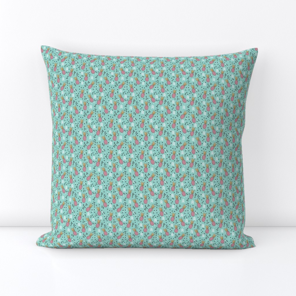 Tropical aqua blue and pink pineapple summer fruit geometric arrow pattern print XS