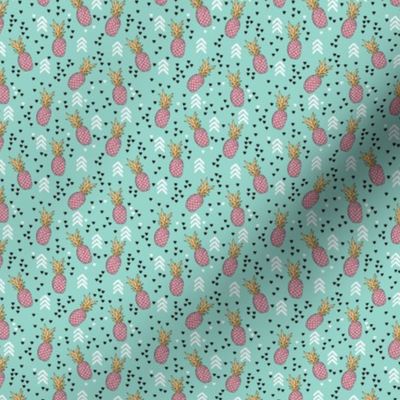 Tropical aqua blue and pink pineapple summer fruit geometric arrow pattern print XS