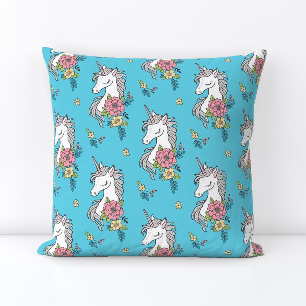 Dreamy Unicorn & Vintage Boho Flowers on Blue