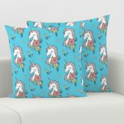 Dreamy Unicorn & Vintage Boho Flowers on Blue