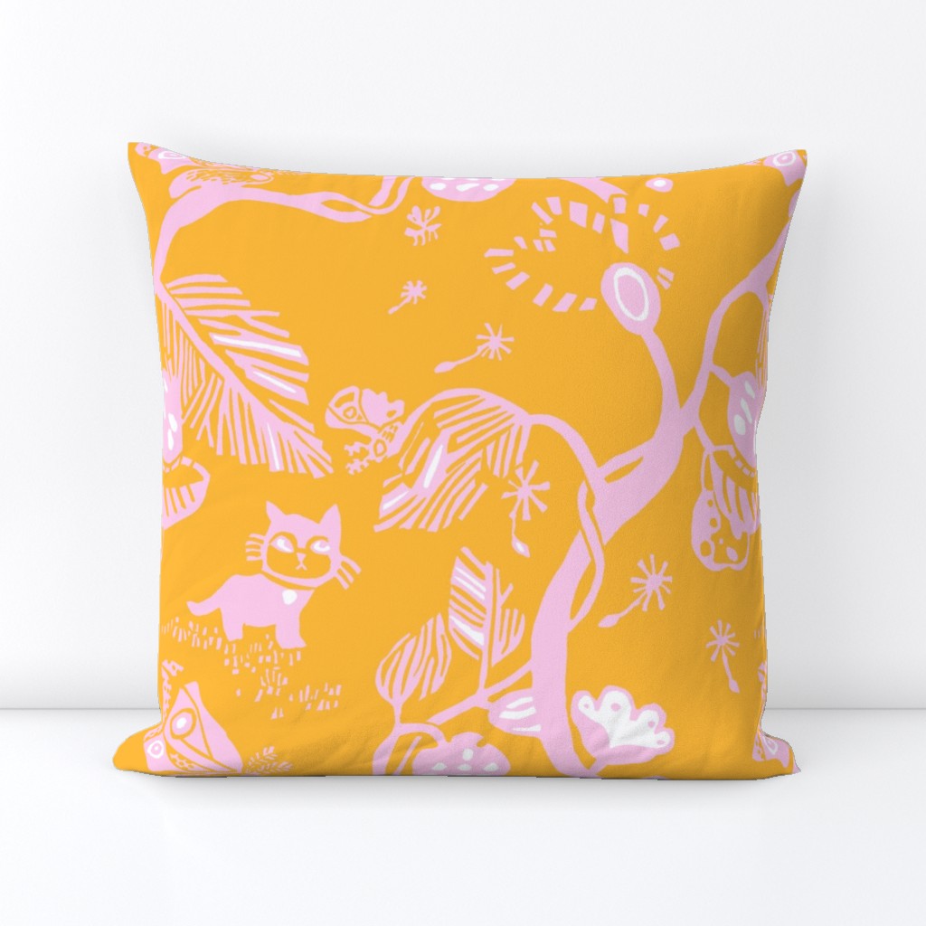 Cat and Moth large print in pink and yellow