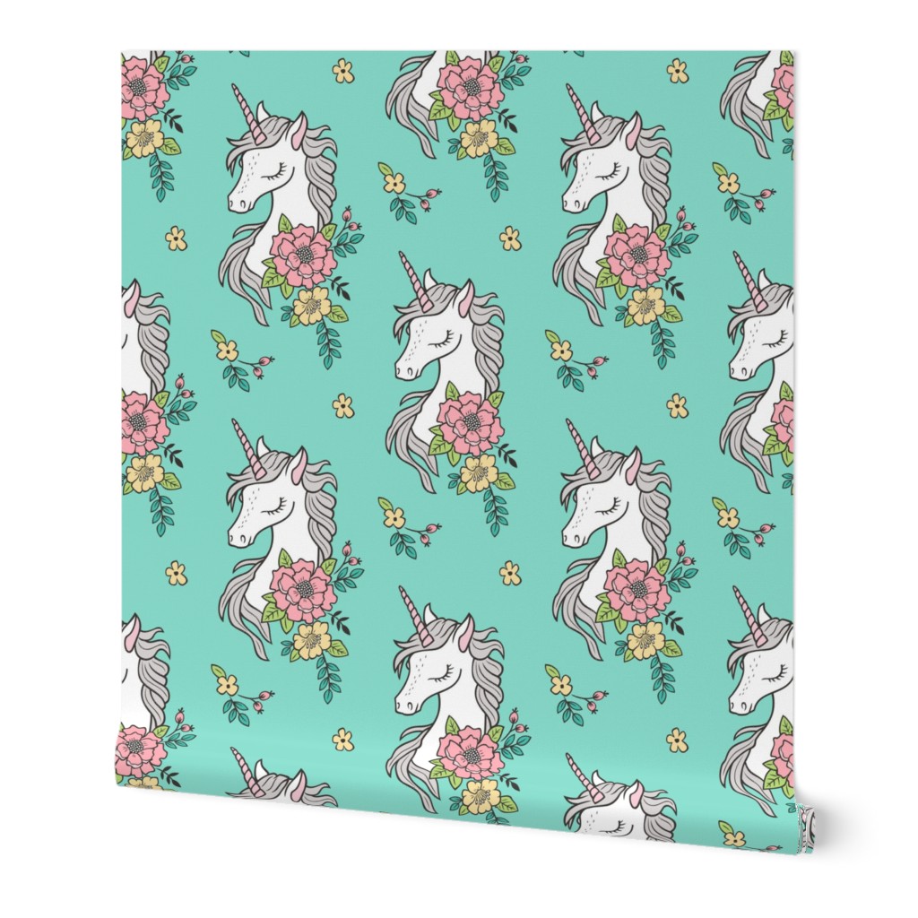 Dreamy Unicorn & Vintage Boho Flowers on Mint Green