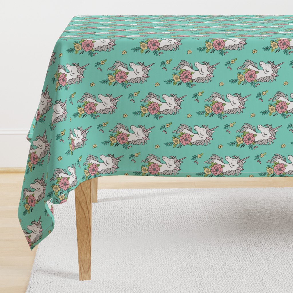 Dreamy Unicorn & Vintage Boho Flowers on Mint Green