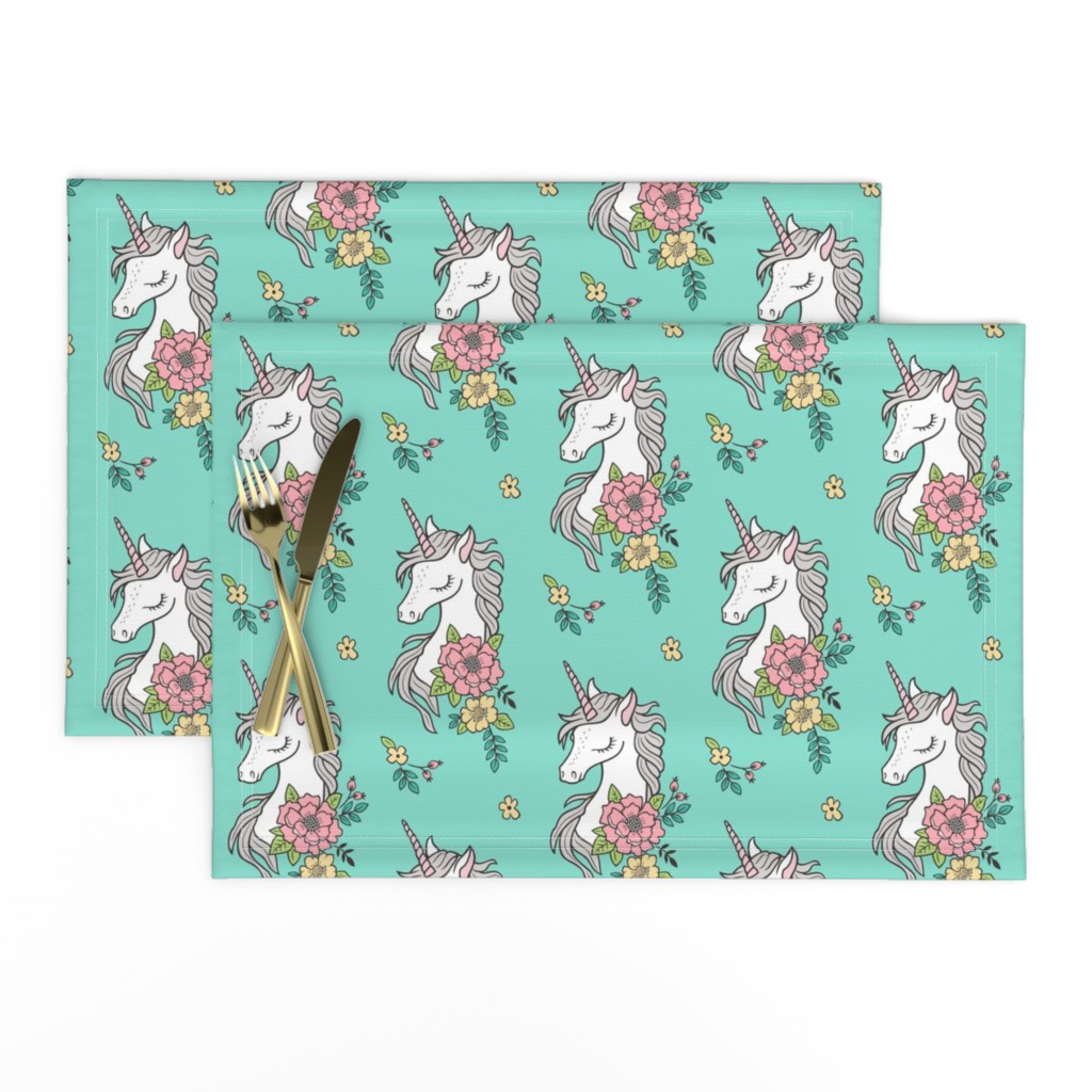 Dreamy Unicorn & Vintage Boho Flowers on Mint Green