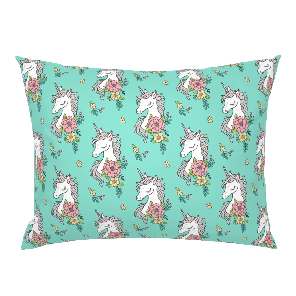 Dreamy Unicorn & Vintage Boho Flowers on Mint Green