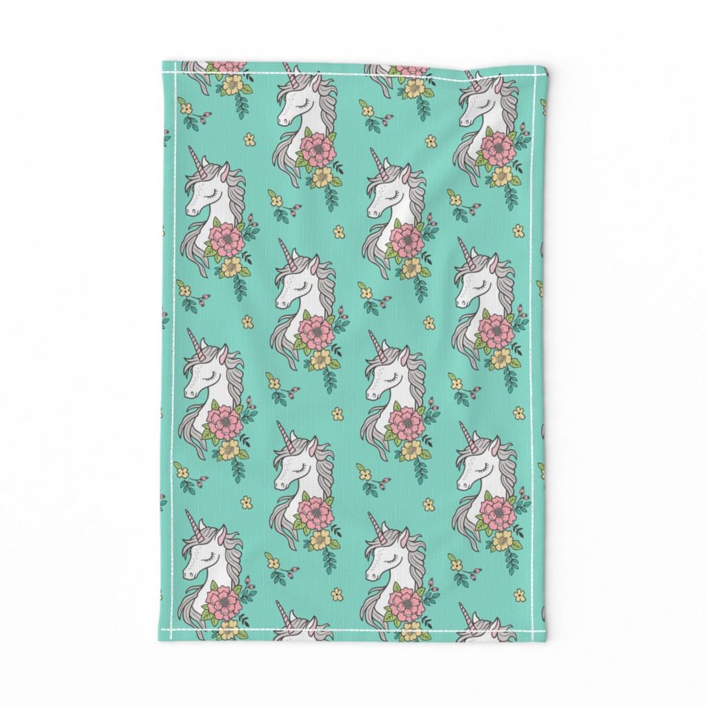 Dreamy Unicorn & Vintage Boho Flowers on Mint Green