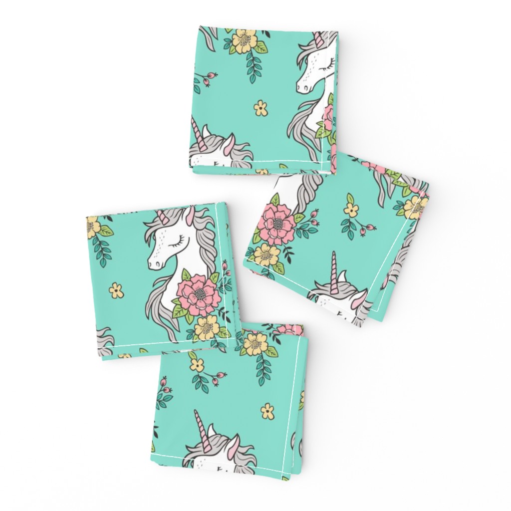 Dreamy Unicorn & Vintage Boho Flowers on Mint Green