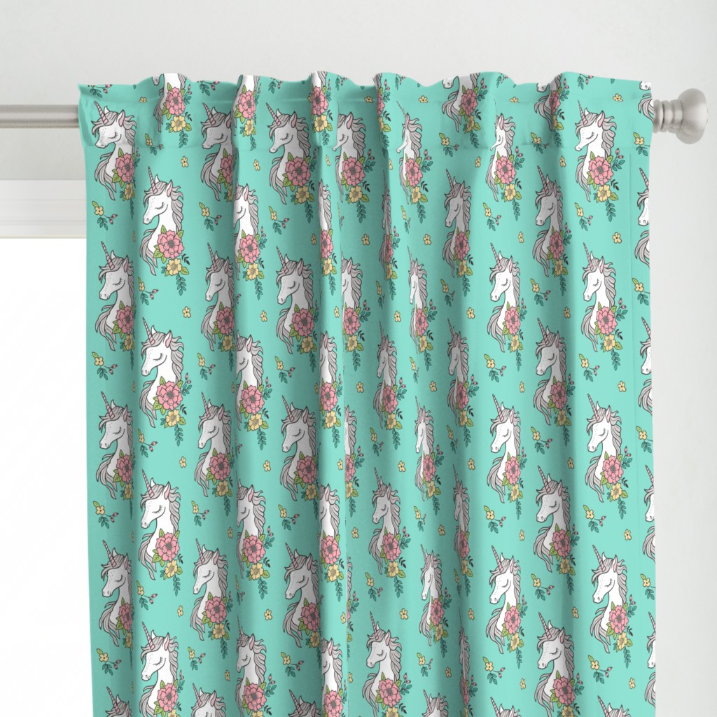 Dreamy Unicorn & Vintage Boho Flowers on Mint Green