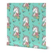 Dreamy Unicorn & Vintage Boho Flowers on Mint Green