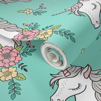 Dreamy Unicorn & Vintage Boho Flowers on Mint Green