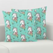 Dreamy Unicorn & Vintage Boho Flowers on Mint Green