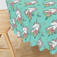 Dreamy Unicorn & Vintage Boho Flowers on Mint Green