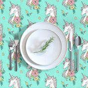 Dreamy Unicorn & Vintage Boho Flowers on Mint Green