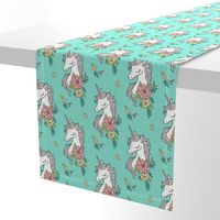 Dreamy Unicorn & Vintage Boho Flowers on Mint Green