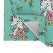 Dreamy Unicorn & Vintage Boho Flowers on Mint Green