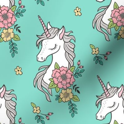 Dreamy Unicorn & Vintage Boho Flowers on Mint Green